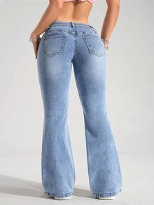 SHEIN ICON Plus Size Women's Retro American Style Blue Versatile Fashion Flared Jeans - Blue - View 2