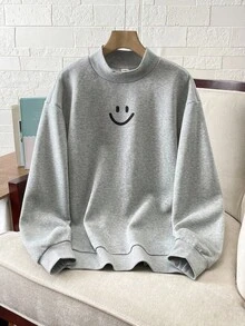 Teen Boy Smiling Face Print Casual Loose Fit Long Sleeve Stand Collar Sweatshirt Cute Sweatshirt Oversized Gray Sweatshirt Fall Autumn And Winter - Grey - View 1