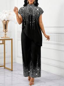 SHEIN Lady 2025 New Women's Elegant, Casual, Party, Commuting, Shiny, Mid-High-Neck, Asymmetrical, Loose-Fitting Short-Sleeved Top And Loose-Fitting Straight-Leg Trousers Two Pieces Set For Spring, Summer And Autumn Halloween  Chic Women's Dress  Party Dress