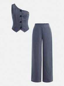 青少年女孩休闲通勤梭织条纹背心和裤子套装 - 深灰色 - 查看 2