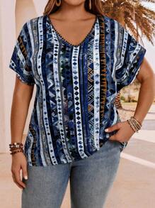 EMERY ROSE Plus Size Geometric Print Batwing Sleeve Casual Vacation Shirt,Fall Clothes For Women