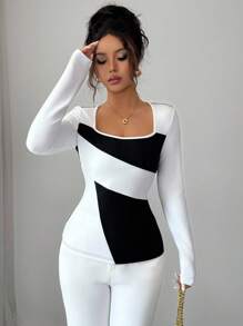 Elenzga Women's Knitted Snake Rib Fabric Square Collar Color Block Design Casual Elegant T-Shirt, Suitable For Commuting, Home, And Daily Wear In Autumn Fall Cloth For Women