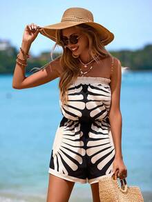 Swim Vcay Women's New Elegant Halter Shell Print Beach Jumpsuit, Elastic Romper, Black & White, Suitable For Summer & Autumn