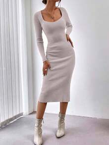 EURMUSE 女士纯色心形领长袖修身针织连衣裙，秋冬款 - 藕粉色 - 查看 4