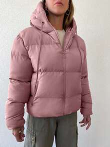 EURMUSE Women's Solid Color Long Sleeve Zipper Front Drawstring Hooded Casual Winter Jacket - Pink - View 3