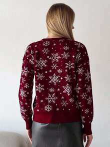 EURMUSE 女士雪花图案休闲宽松圆领长袖套头毛衣 - 酒紅色 - 查看 2