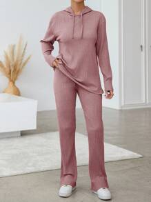SHEIN Cottnline Women's Hooded Drawstring T-shirt And Pants Set - Dusty Pink - View 5