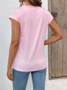 Breezaya Áo thun nữ ngắn tay cổ chữ V màu trơn, mùa hè - Hồng - Xem 2