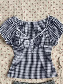 CovetEZ Navy Blue & White Plaid Woven Blouse For Women - Navy Blue - View 6