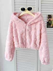 SHEIN 青少年女孩休闲纯粉色心形图案蓬松短款连帽夹克，适合秋冬休闲日常穿着，粉色毛绒夹克，少女夹克，毛绒夹克，连帽泰迪熊夹克，可爱冬季夹克 - 粉色 - 查看 4
