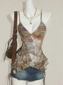 SHEIN ICON Áo hai dây họa tiết Paisley cổ điển dành cho nữ mùa hè - Màu Khaki - Xem 5