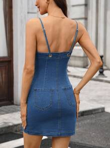 女式夏季时尚前扣紧身牛仔吊带连衣裙 - 深色水洗藍 - 查看 2