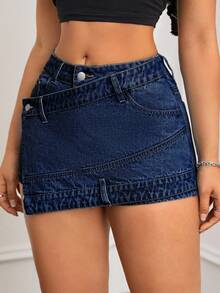 SHEIN ICON 女式蓝色时尚裹身休闲百搭牛仔短裙 - 深色水洗藍 - 查看 5