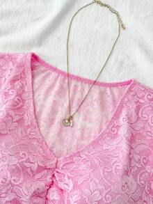SHEIN TEENGIRL Cute & Sweet Pink V-Neck Semi-Sheer Lace Blouse, Elegant Short Sleeve Lace Top, Academic Style Pink Lace Top Lace Babydoll Top Pink Babydoll Top Girls Lace Top Sheer Lace Top Sheer Pink Top Pink Baby Doll Top Summer Knit Baby Doll Top Teen Girl Babydoll Top Girls Sheer Lace Top - Pink - View 3