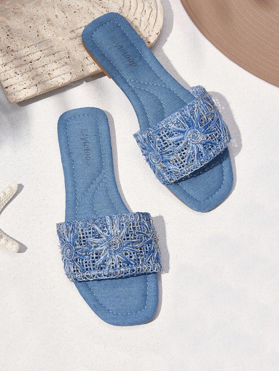 Styleloop Women's Flat Woven Sandals, Bohemian Style For Vacation Outfit - Blue - View 1