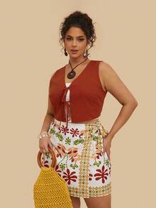 SHEIN VCAY Ensemble 2 pièces grande taille, jupe imprimé tropical bohème avec lien sur le côté + Top court avec lien devant. Tenue décontractée pour l'été/l'automne - Multicolore - Voir 1