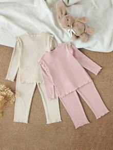 4pcs Young Girl Elegant Ribbed Knit Long Sleeve Top And Pants Casual Comfortable Underwear Set
