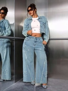 Jeanoix Quần jean ống rộng rộng rãi, thoải mái, sờn rách, đính đá Rhinestone cỡ lớn - Màu xanh lam - Xem 6