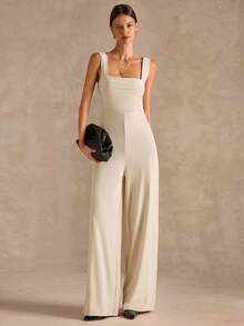 SHEIN BAE Bộ đồ liền thân ống rộng dây mảnh màu đen thanh lịch gợi cảm dành cho nữ với thiết kế nơ hở lưng, thích hợp mặc hàng ngày, hẹn hò, đi chơi, tiệc tùng, tụ tập, trang phục nhiều lớp thanh lịch dành cho nữ, trang phục đi chơi, ngày lễ tình nhân, thường ngày, thanh lịch, đi nghỉ - Màu be - Xem 4