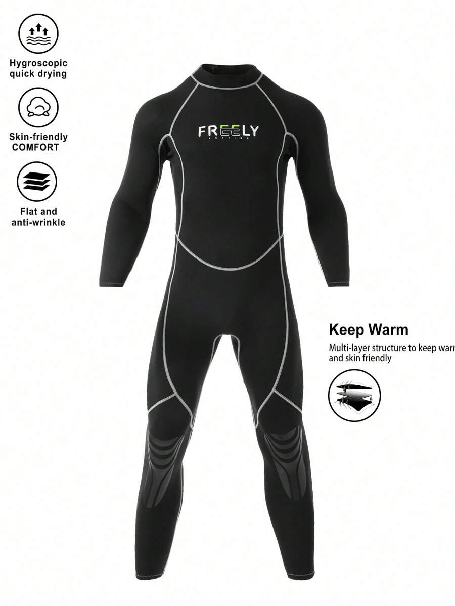 Manfinity KASUA 男士专业潜水服字母印花立领插肩袖连体裤男式泳衣潜水服冲浪服沙滩潜水防护泳衣健身游泳 - 黑色 - 查看 1