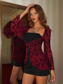 EgrlEra Women's Lace-Up Long Sleeve Sexy Crop Top & Shorts Two Pieces Set, Halloween Red And Black Outfit Women Casino Night Outfit For Women - Multicolor - View 3
