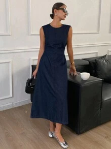 Livesso 女式夏季圆领束腰无袖露背牛仔连衣裙 - 藍色 - 查看 1