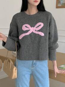 DAZY Áo len dệt kim nơ jacquard dáng rộng thoải mái mùa thu mới dành cho nữ Áo thun họa tiết - Xám - Xem 5