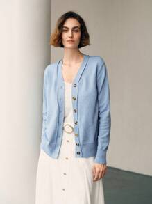 Uhlyne 女士休闲宽松V领开衫毛衣，年轻时尚百搭设计，秋冬 - 藍色 - 查看 7