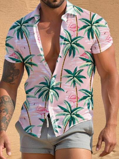 Manfinity VCAY Manfinity Modomio Men's Slim Fit Revered Collar Casual Shirt With Palm Tree Print,Beach Men Shirt,Beach Men,Men Dress Shirt,Valentines Clothes,Pink Men Shirt