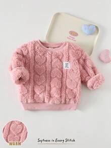 Cozy Pixies 女婴羊毛厚纹理心形图案圆领插肩袖套头衫 - 粉色 - 查看 3