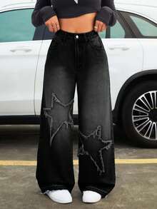 Women's Pocket Star Frayed Hem Wide Leg Loose Jeans - Black - View 4