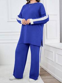 EURMUSE Conjunto de dos piezas de suéter y pantalones con mangas raglán - azul real - Ver 3