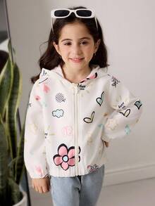 年轻女孩心形和花卉印花长袖拉链休闲连帽夹克 - 彩色 - 查看 4