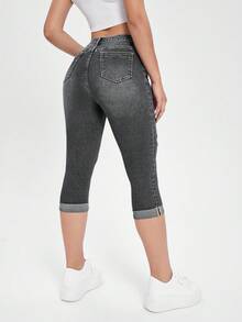 EURMUSE Jeans de verano de mezclilla casual y versátil con puños desgastados para mujer - Gris Claro - Ver 2