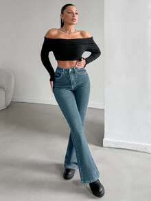 EURMUSE 98%Cotton Solid Color Slant Pocket Casual Flared Jeans - Light Wash - View 3