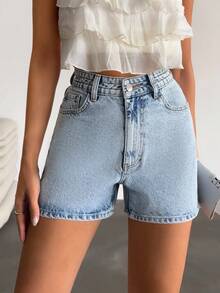 EURMUSE High Waist Rigid Bet Detailed Denim Short - Light Wash - View 5