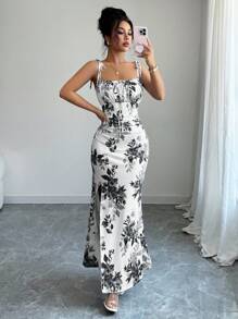 Elenzga 新款女式细肩带蝴蝶结腰部荷叶边下摆开衩设计连衣裙，适合约会、派对、日常穿着，优雅迷人 - 黑色 - 查看 5