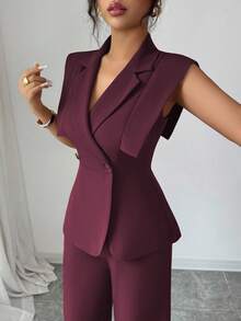 Elenzga Bộ vest nữ thanh lịch thường ngày với áo cánh không tay và quần cạp chun, phù hợp đi làm, đi nghỉ, trà chiều, tiệc tùng, xuân/hè - Màu Tím - Xem 3