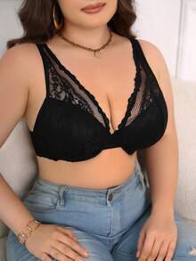 SHEIN Áo ngực ren vá sâu chữ V quyến rũ cỡ lớn dành cho nữ - màu đen - Xem 5