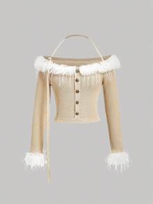 Skyraze 女式长袖杏色翻领露肩针织上衣，纽扣设计，时尚女式秋冬装 - 杏色 - 查看 1