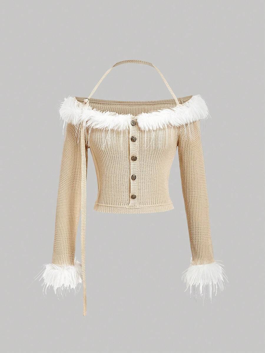 Skyraze 女式长袖杏色翻领露肩针织上衣，纽扣设计，时尚女式秋冬装 - 杏色 - 查看 1