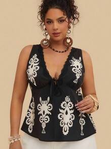 SHEIN VCAY 大码女式黑色复古印花吊带背心，V 领蕾丝花边腰部 A 字形细肩带 - 黑色 - 查看 5