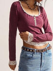 Bohemela Casual Solid Color Knit Contrast Lace Long Sleeve Slim Fit Blouse For Women