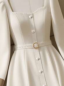 Franclia 女士优雅拼色长袖连衣裙，方领，系腰，单排金属纽扣 A 字长裙，杏色，春/秋 - 杏色 - 查看 3