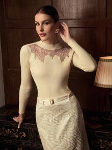 ZEYLAH Lace Embroidered Patchwork Knit Base Layer Top, Autumn/Winter - White - View 5