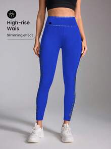 Easithlete Flocked & Mesh Patchwork High Waist Sports Leggings - Blue - View 4