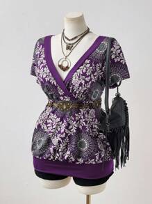 Sunspun 大码女式春夏短袖撞色图腾印花优雅复古休闲度假A字T恤 - 紫色 - 查看 3