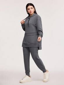 Veilorie Drop Shoulder Drawstring Hoodie & Sweatpants 2 Pieces Set - Dark Grey - View 4