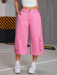 SHEIN ICON Pink Cargo Pocket Low Rise Wide Leg Wash Pants - Pink - View 1