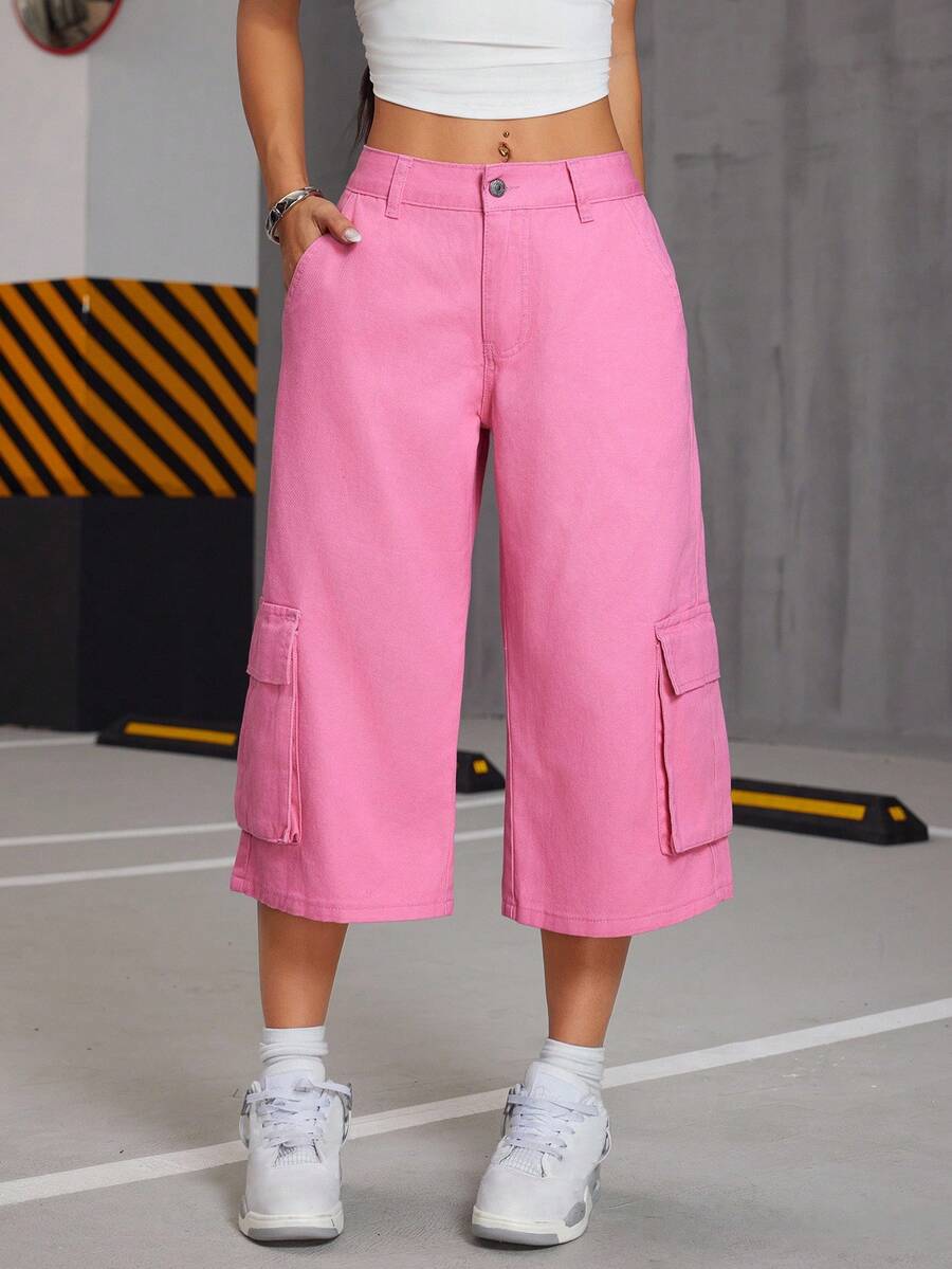 SHEIN ICON Pink Cargo Pocket Low Rise Wide Leg Wash Pants - Pink - View 1
